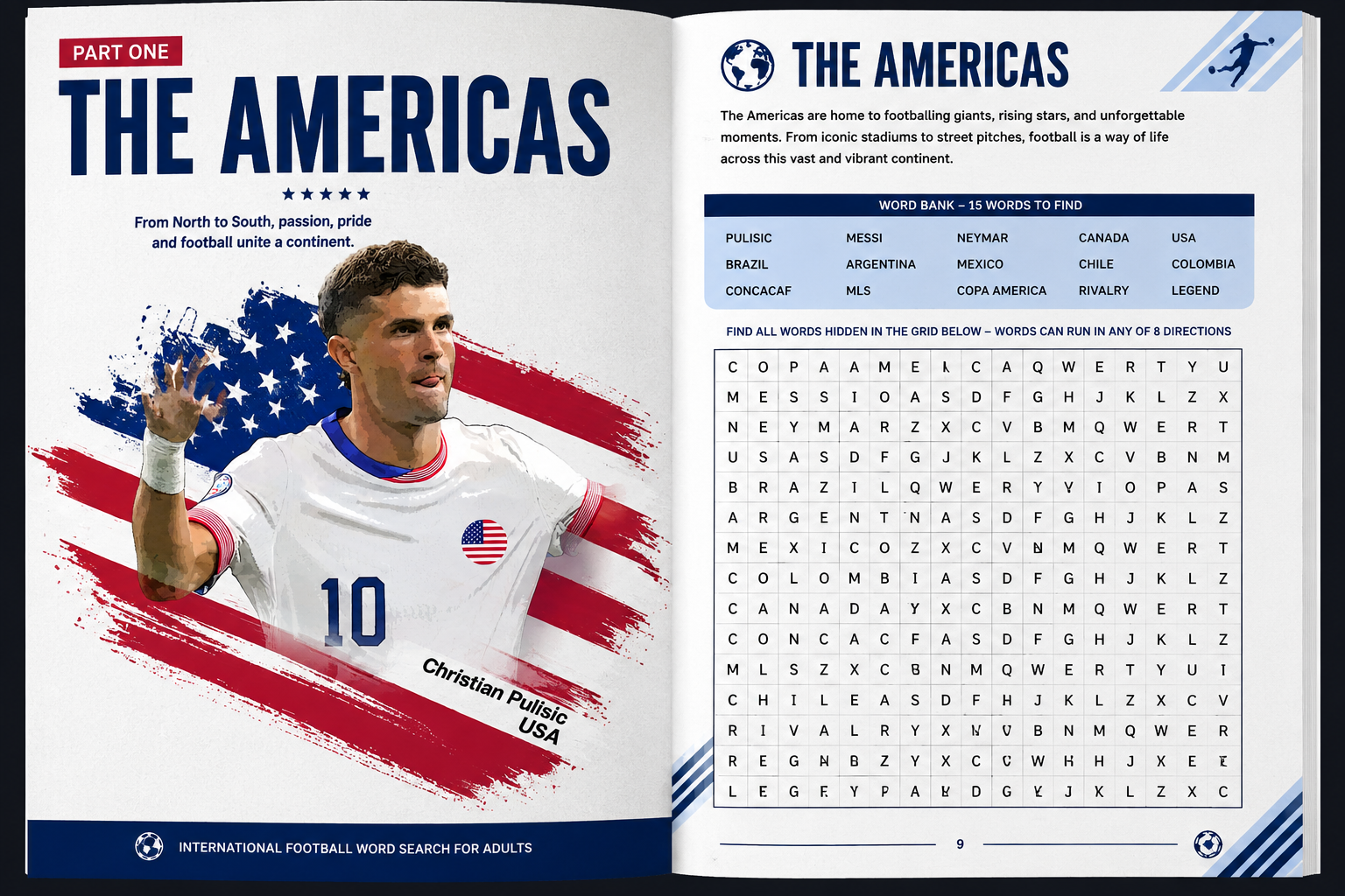 The Americas country-themed word search spread, featuring Christian Pulisic
